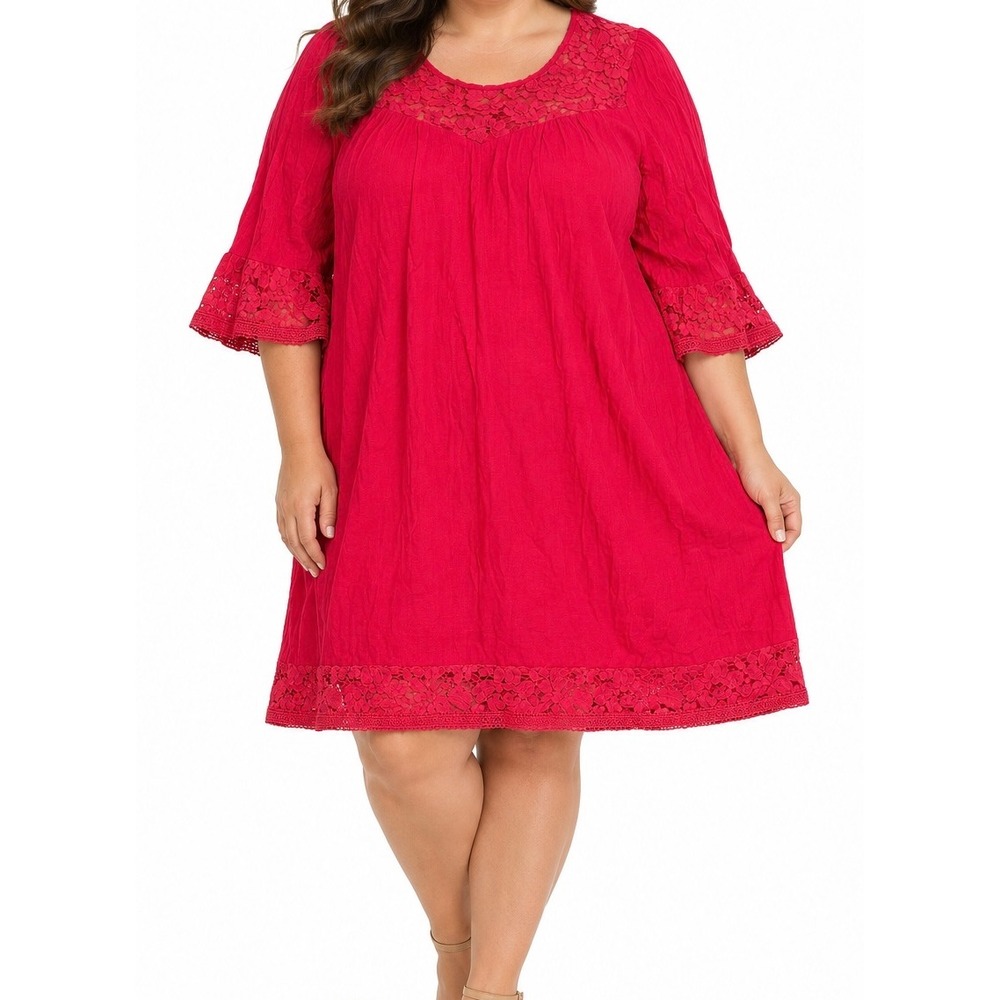 ZAC & RACHEL Women's Red Lace Trim Bell Sleeve Shift Mini Dress Plus Size 3X